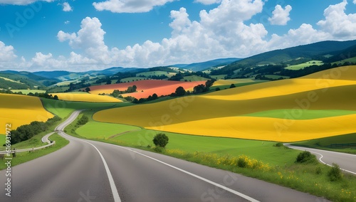 A Scene Of A Visually Mesmerizing Country Road With A View Of The Hills AI Generative