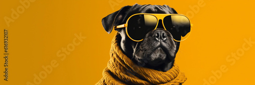 A Pug wearing sunglasses on a solid Yellow background