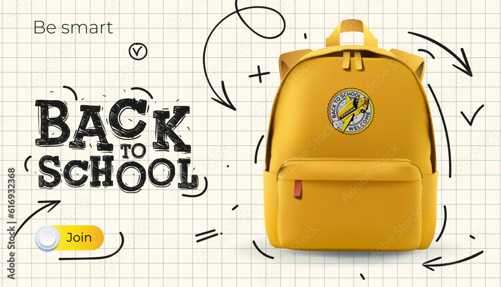 Back to School web template. Yellow school bag, checkered paper background with doodle drawing - obrazy, fototapety, plakaty 