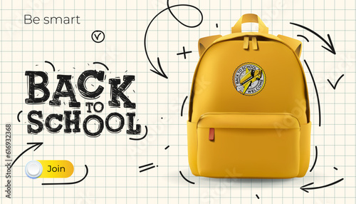 Back to School web template. Yellow school bag, checkered paper background with doodle drawing