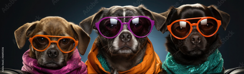 three dogs wearing shades, color splash, violet and aquamarine