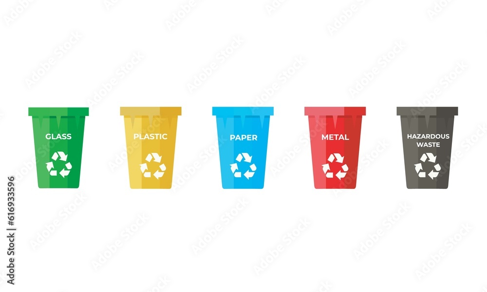5 trash cans to sort glass, plastic, paper, metal and unsafe waste 5 trash cans to sort glass, plastic, paper, metal and unsafe waste