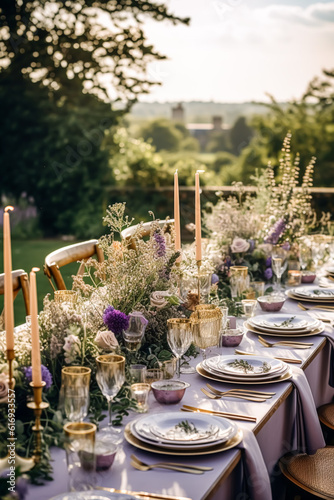 Wedding tablescape, elegant formal dinner table setting, table scape with lavender decoration for holiday party event celebration, generative ai
