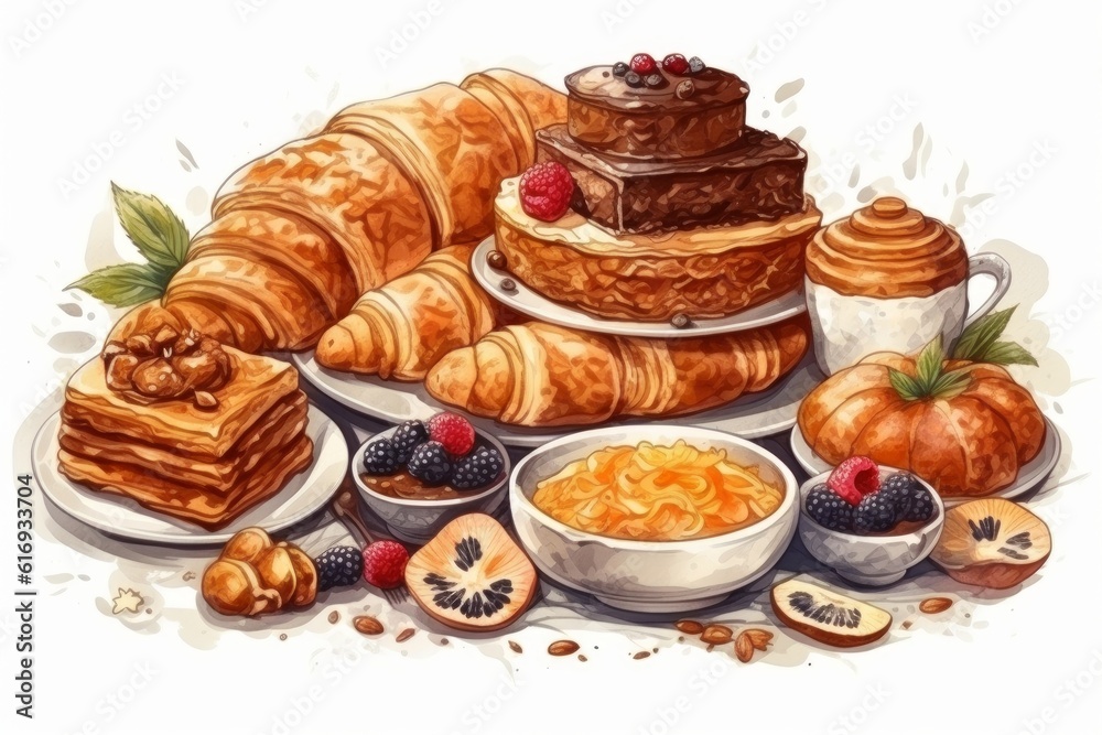 Baked bread products - bun, muffin, croissant with fruits. Breakfast, baking, desserts, food concept. Generative AI