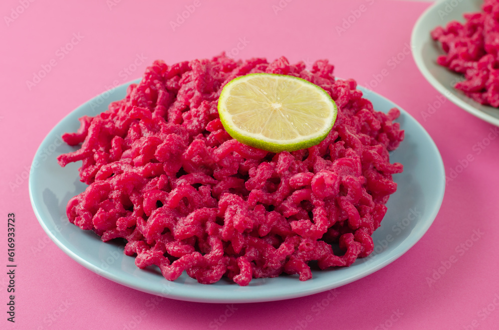 Beetroot Pasta, Barbie Themed Pasta, Trendy Recipe on Pink Background Beetroot Pasta, Barbie Themed Pasta, Trendy Recipe on Pink Background