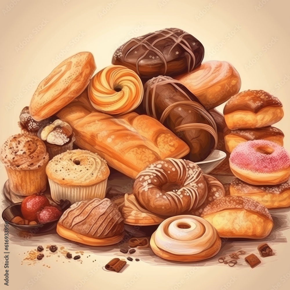 Collection of pastry with chocolate, cream on light background. Breakfast, desserts, baking and food concept. Generative AI Collection of pastry with chocolate, cream on light background. Breakfast, desserts, baking and food concept. Generative AI