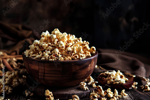 Fragrant and delicious popcorn in a simple decorated wooden cup, Selective focus, Popcorn. photo