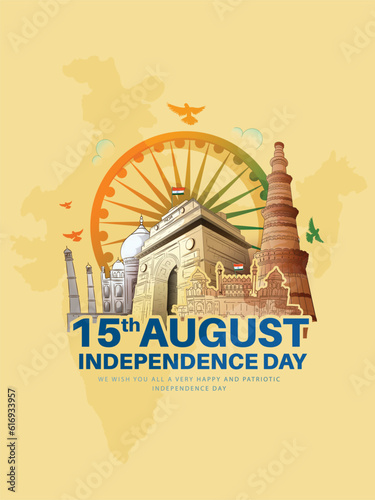 vector illustration of Independence Day of India, for 76th Independence Day of India with indian monuments sketch and Creative National Tricolor Indian flag design and flying pigeon.