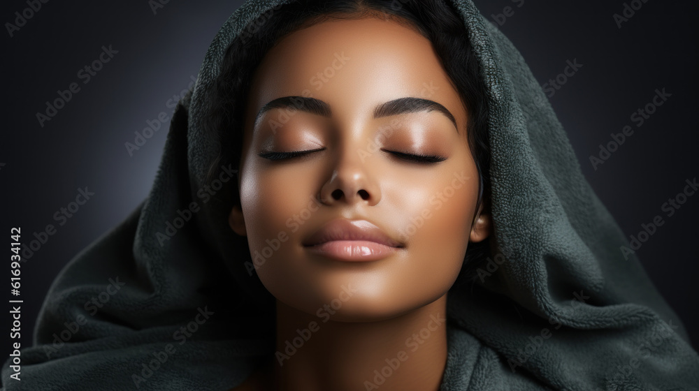 Beautiful african american woman with closed eyes wearing green towel. Generative AI. Beautiful african american woman with closed eyes wearing green towel. Generative AI.