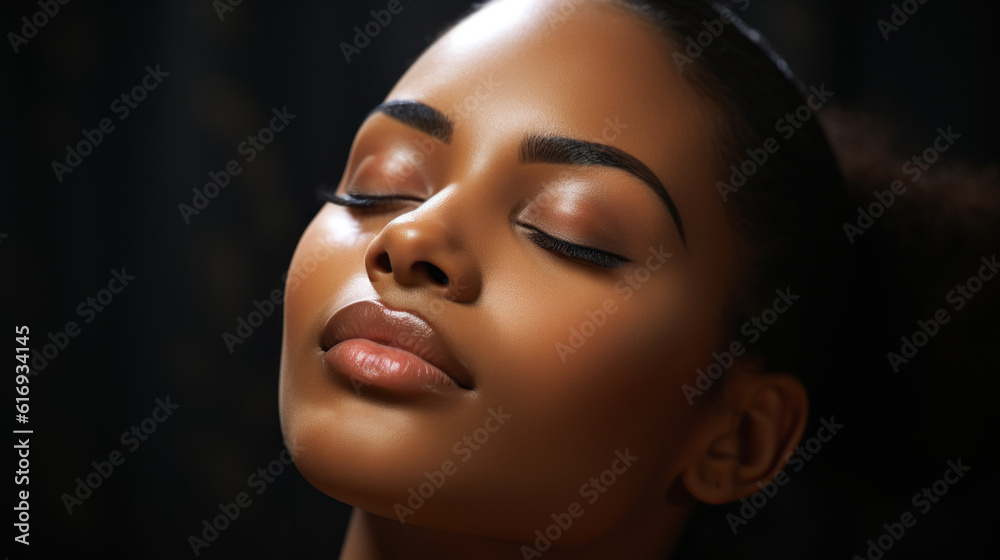 Beautiful african american woman with closed eyes on dark background. Generative AI.