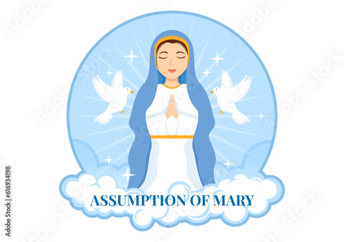 Assumption of Mary Vector Illustration with Feast of the Blessed Virgin and Doves in Heaven in Flat Cartoon Hand Drawn Background Templates photo