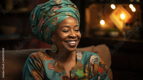 Obraz na plátně Portrait of senior african american woman in turban smiling