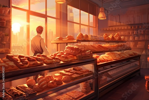 Bakery counter, shop showcase with fresh pastry, buns. Food, breakfast, baking, desserts concept. Generative AI