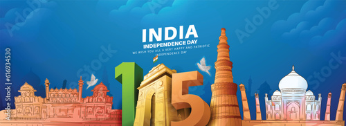 vector illustration of Independence Day of India, for 76th Independence Day of India with indian monuments sketch and Creative National Tricolor Indian flag design and flying pigeon.