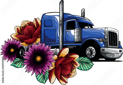 vector illustration of semi truck with flower on white background