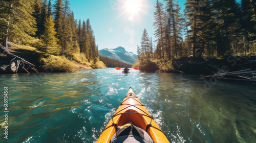 POV shot of person kayaking down a calm river with beautiful forest, friend paddling ahead upstream  created with generative AI