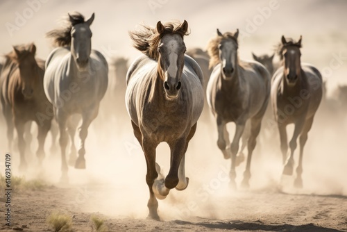 Herd of wild mustang horses galloping wildly in nature