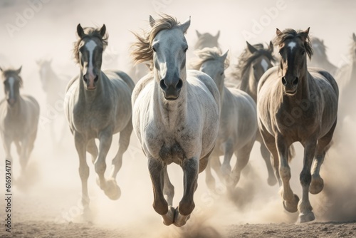 Herd of wild mustang horses galloping wildly in nature © MaVeRa