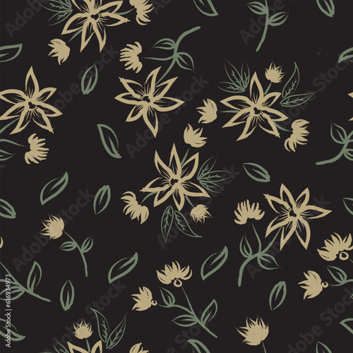 abstract floral seamless pattern with hand-drawn flowers and leaves on dark background