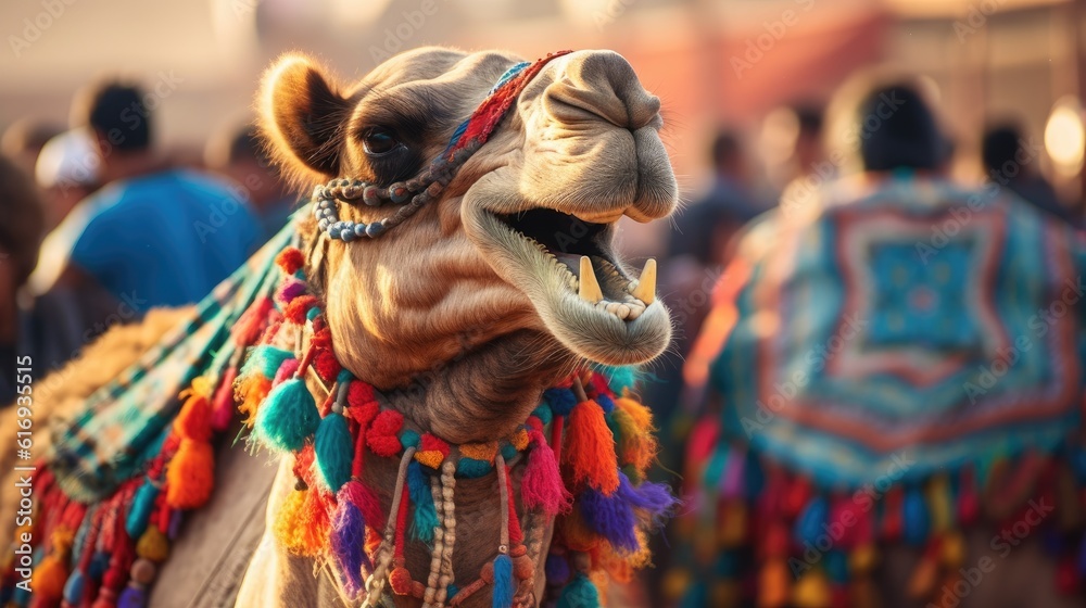 Beautiful decorated camel smiling. Generative AI