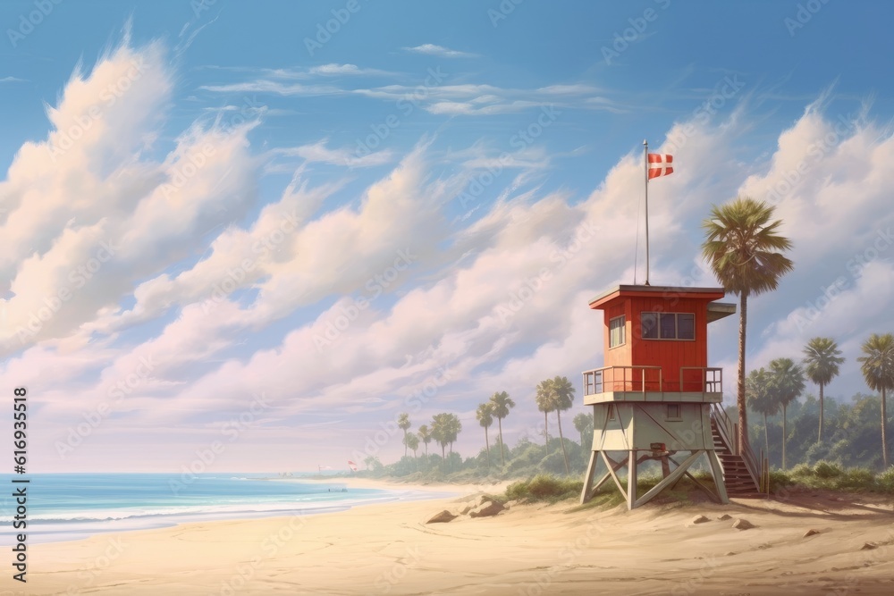 Beach with palm tree and life guard tower by the sea. Generative AI