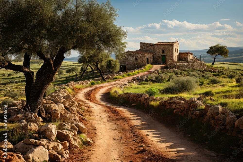 Traditional plantation of olive trees grove. Spanish nature landscape. Generative AI