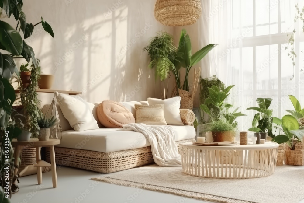 Light room interior in boho style. Neutral bohemian decor in living room, wicker lamps, soft furniture, green plants and candles. Modern boho. Generative AI Light room interior in boho style. Neutral bohemian decor in living room, wicker lamps, soft furniture, green plants and candles. Modern boho. Generative AI