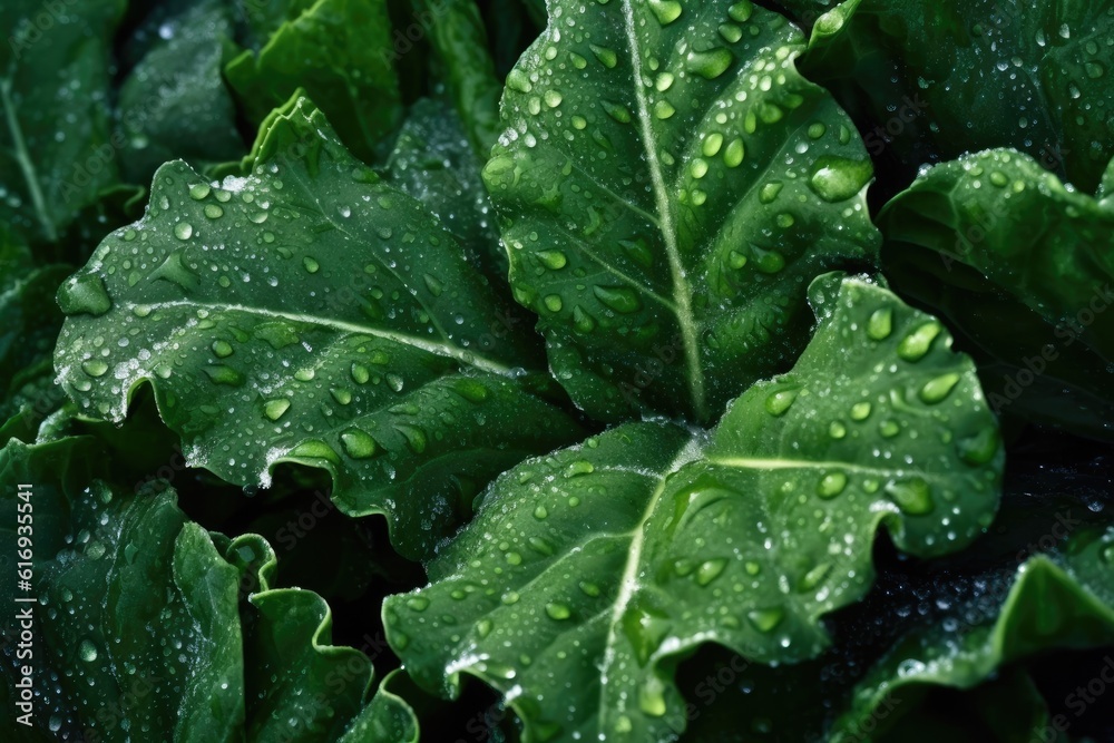 Close up fresh Kale salad leaves with water drops texture. Generative AI Close up fresh Kale salad leaves with water drops texture. Generative AI