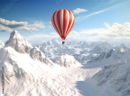 Colorful hot-air balloon flying over snowcapped mountain. Created with Generative AI technology.