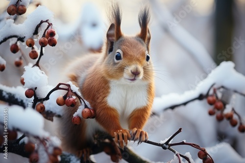 The squirrel sits on tree in the winter. Generative AI © kardaska