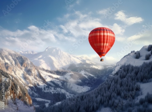 Colorful hot-air balloon flying over snowcapped mountain. Created with Generative AI technology. © lililia