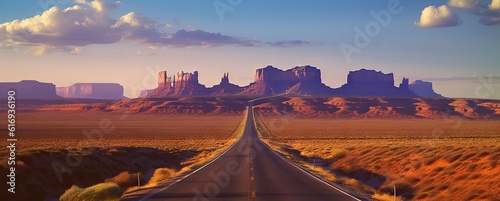Beauty of the desert landscape through an endless highway, surrounded by mountains in the californian countryside