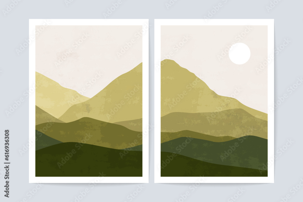 Abstract mountain landscape collage. Modern minimalist horizon panorama, contemporary geometric nature art. Vector set