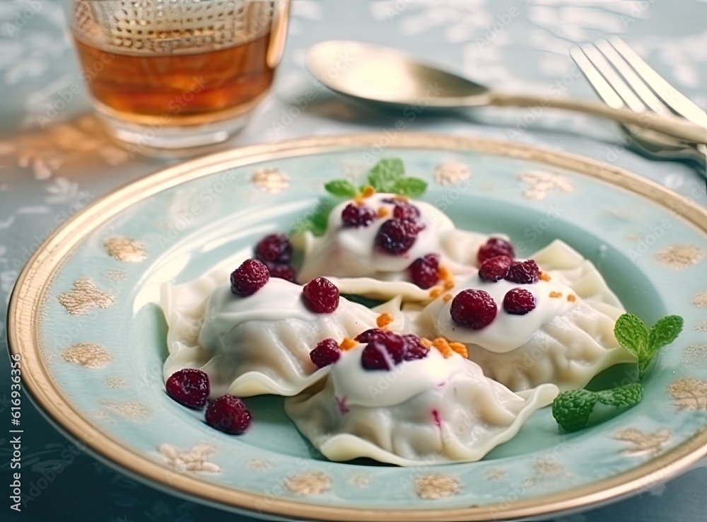 dumplings with cherries, Pierogi, varenyky, vareniki, pyrohy on a light background, banner, menu, recipe place for text, top view. Created with Generative AI technology. dumplings with cherries, Pierogi, varenyky, vareniki, pyrohy on a light background, banner, menu, recipe place for text, top view. Created with Generative AI technology.