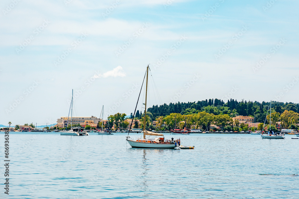 Yacht in the bay. Corfu. Greece.