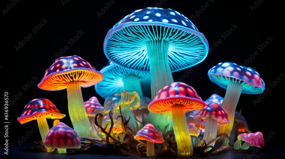 Fluorescent mushroom in psychedelic colors isolated on black background