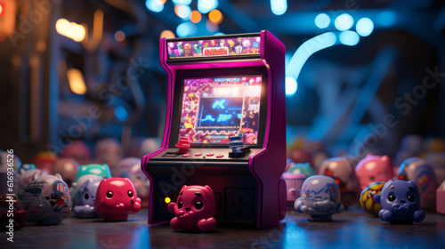 Retro video game arcade machine in middle of little monsters 90s style photo