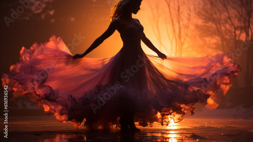 Romantic woman shadow silhouette dancing with wide dress that glow by the forest morning light
