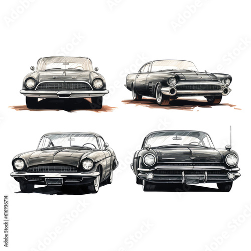 Set of old vintage cars isolated on transparent background