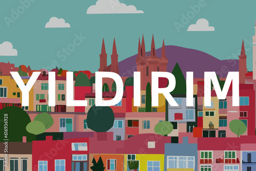 Yıldırım: Modern illustration of a Turkish scene with the name Yıldırım in Bursa