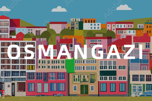 Osmangazi: Modern illustration of a Turkish scene with the name Osmangazi in Bursa
