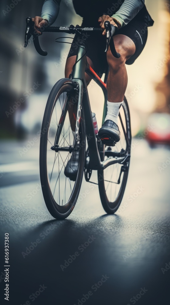 Fototapeta premium A cyclist's legs spin the pedals. Generative AI