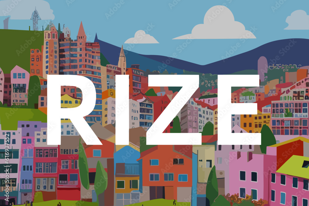 Rize: Modern illustration of a Turkish scene with the name Rize in Rize