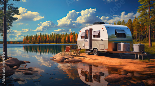 rv camper trailer at lake by the shore. Ai generative