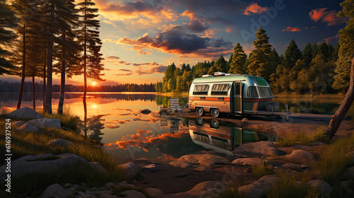 rv camper trailer at lake by the shore. Ai generative © ZoomTeam
