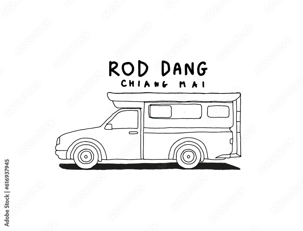 Mini bus in Thailand, local mini bus, outline drawing style vector