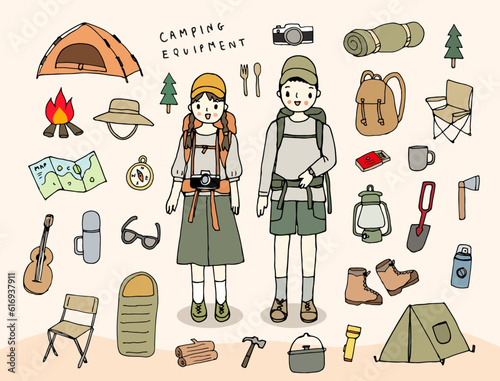 Backpacker couple, camping equipment, hand drawn style vector illustration