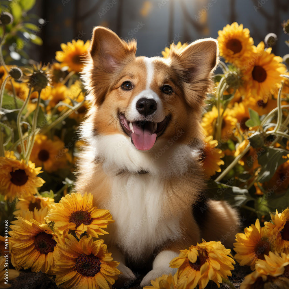 A cheerful puppy (Canis lupus familiaris) surrounded by blooming sunflowers in a picturesque garden in Tuscany.