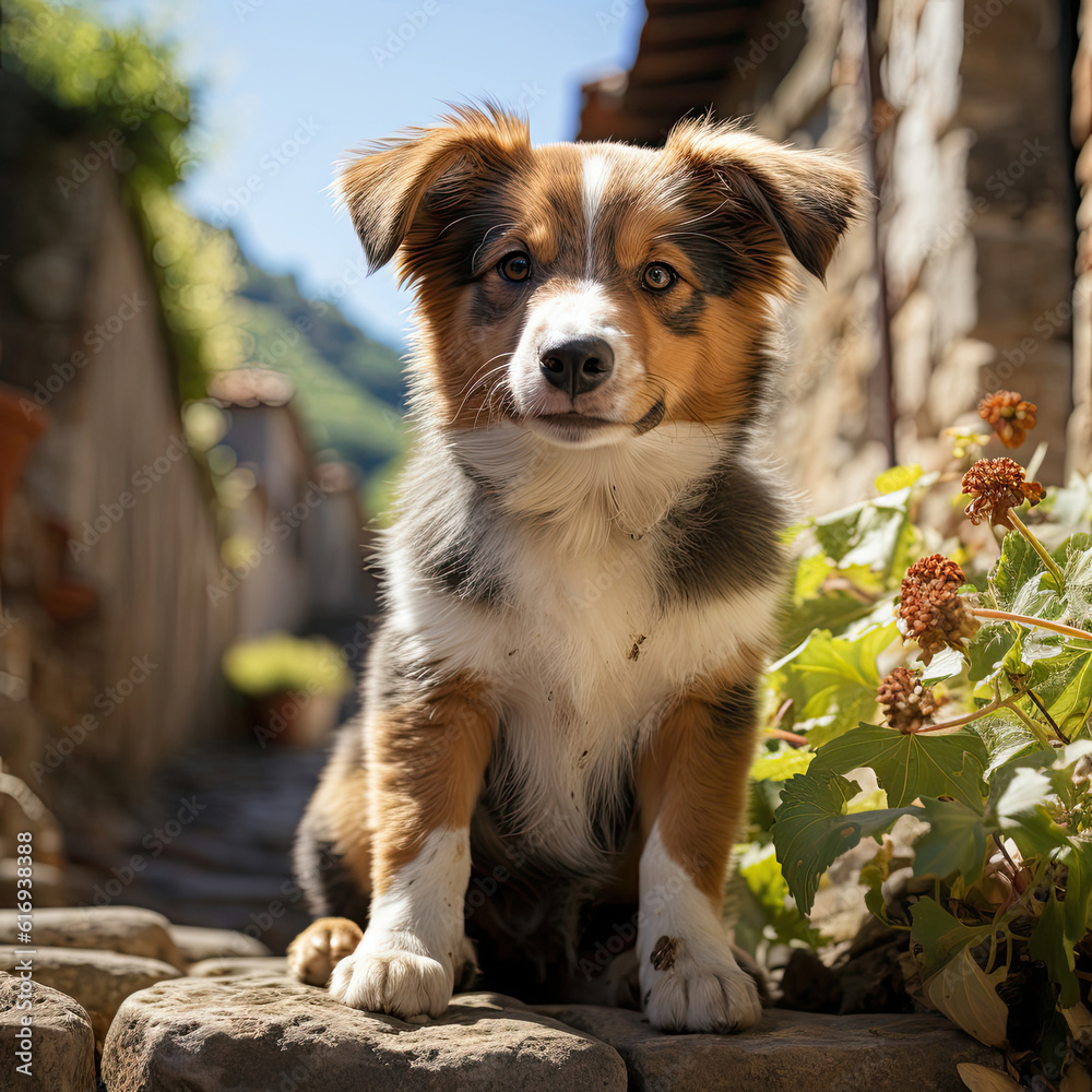 A curious puppy (Canis lupus familiaris) exploring a stone pathway in a picturesque garden in Tuscany, under the warm sun.