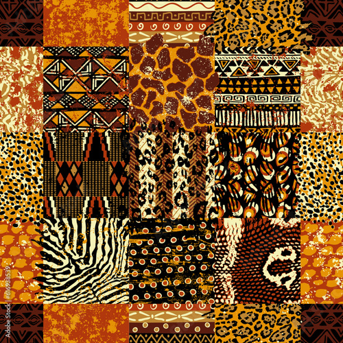 African traditional fabric and wild animal skins patchwork wallpaper abstract vector seamless pattern